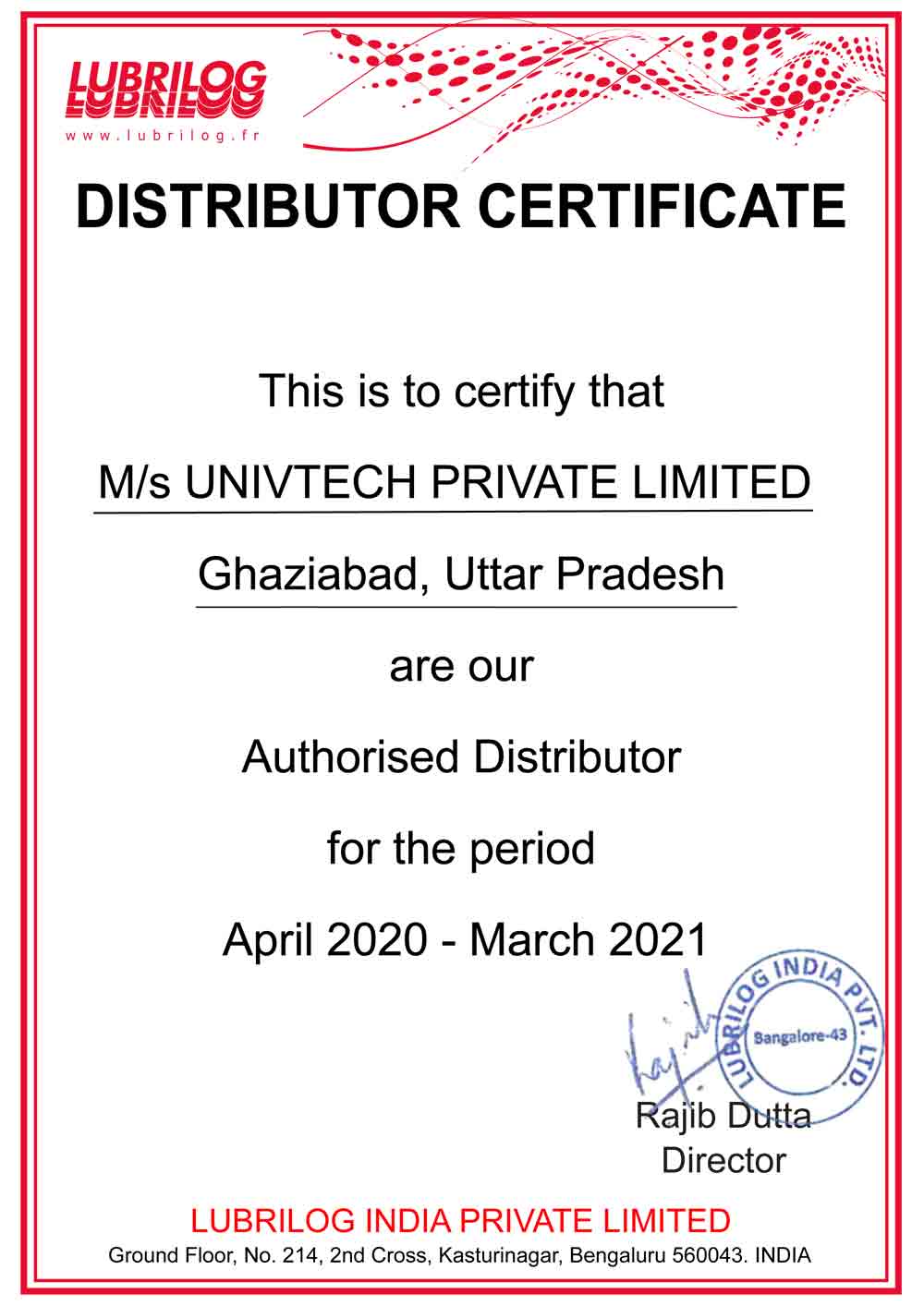 lubriling Distributor Certificate